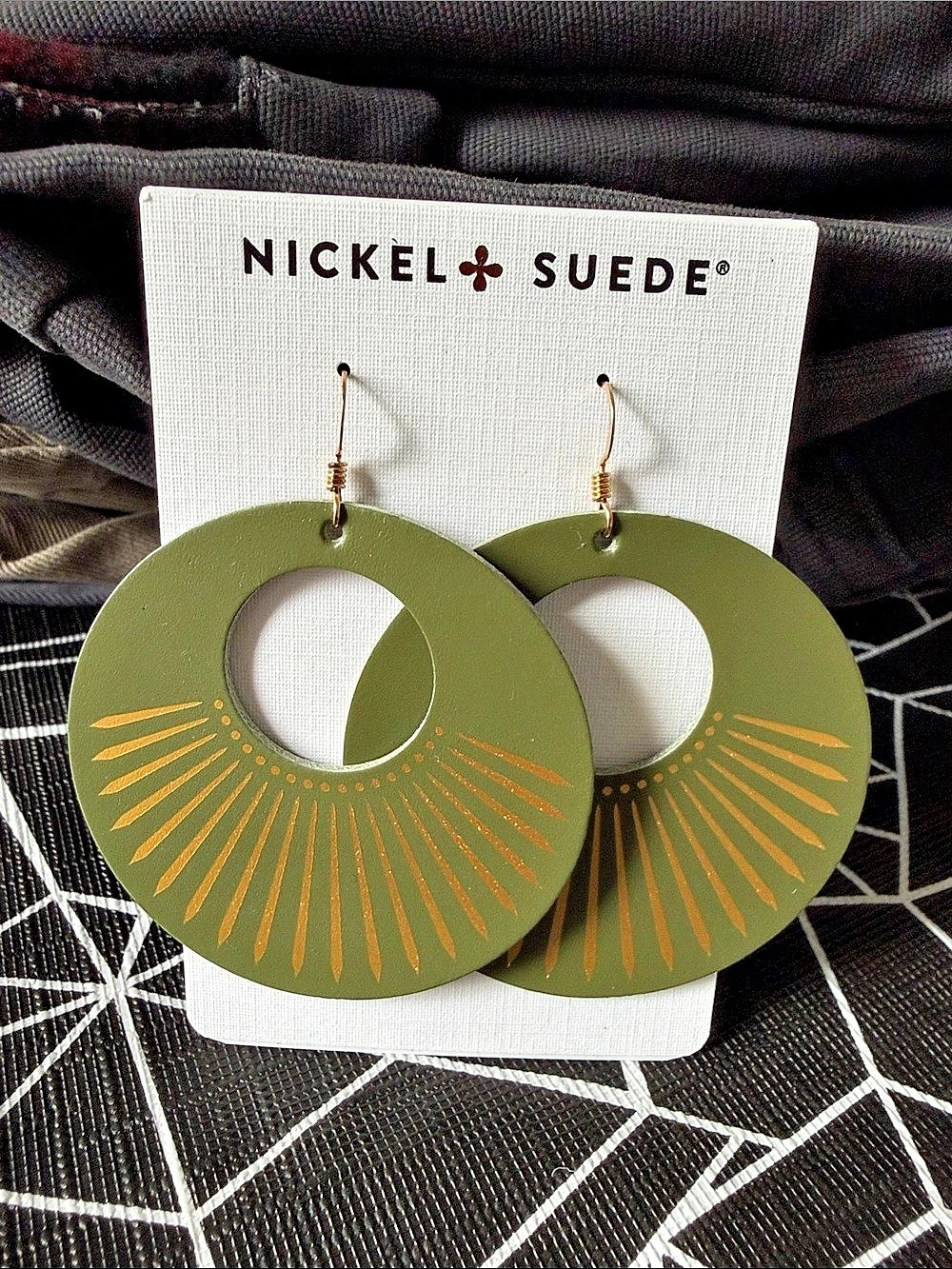 Nickel & Suede Olive Sunburst Nova Leather Earrings Olive Leather Earrings NWT